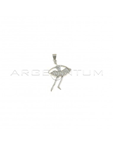 Ballerina pendant engraved with white cubic zirconia pave tutu white gold plated in 925 silver