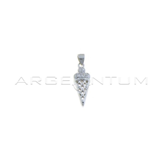 Ciondolo gelato semizirconato bianco con cono traforato placcato oro bianco in argento 925