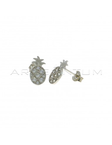 White semi-zircon pineapple lobe earrings with dotted tuft, white gold plated 925 silver
