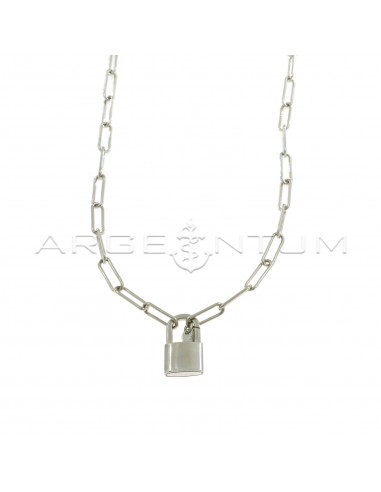 Rectangular tubular section link necklace with white gold plated front padlock closure in 925 silver