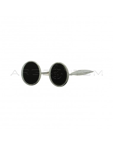 White gold plated oval cufflinks with central black onyx in 925 silver