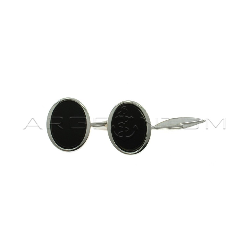 White gold plated oval cufflinks with central black onyx in 925 silver