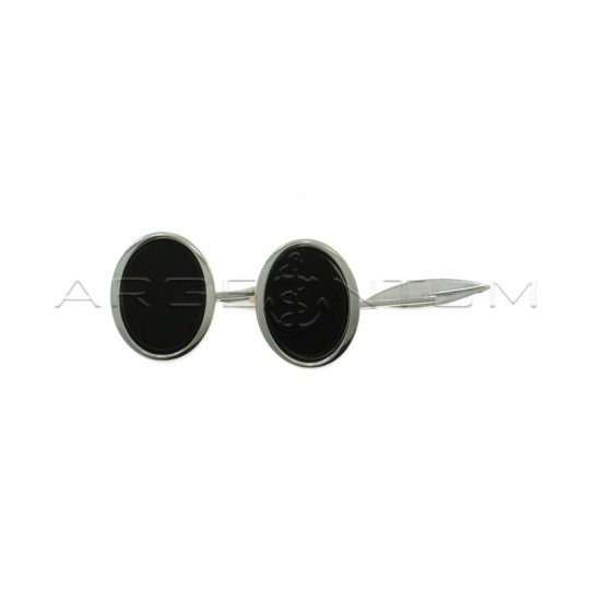 Gemelli ovali placcati oro bianco con onice nero centrale in argento 925