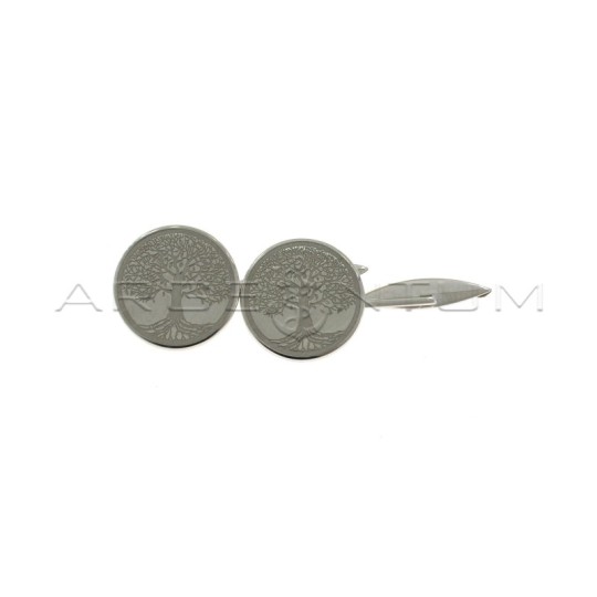 Gemelli tondi con albero della vita e bordo satinati placcati oro bianco in argento 925