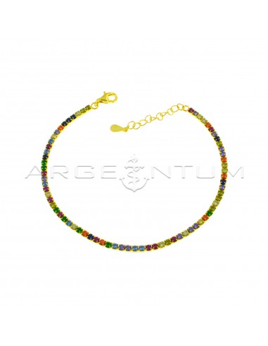 Yellow gold plated tennis bracelet with 2 mm multicolor zircons in 925 silver