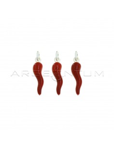 Red enamel horn pendants 26 × 6 mm white gold plated in 925 silver (3 pcs.)