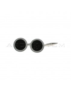 Round white gold plated cufflinks with central black onyx in 925 silver