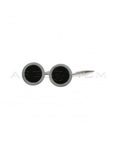 Round white gold plated cufflinks with central black onyx in 925 silver