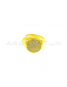 Adjustable round shield ring in white zircons pave yellow gold plated in 925 silver