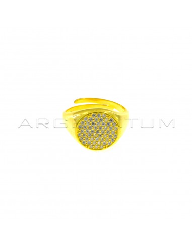 Adjustable round shield ring in white zircons pave yellow gold plated in 925 silver