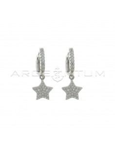 Hoop earrings with white cubic zirconia, snap clasp and star pendant in white cubic zirconia pave white gold plated in 925 silver