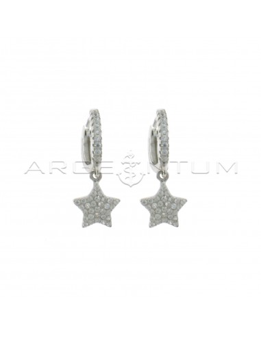 Hoop earrings with white cubic zirconia, snap clasp and star pendant in white cubic zirconia pave white gold plated in 925 silver