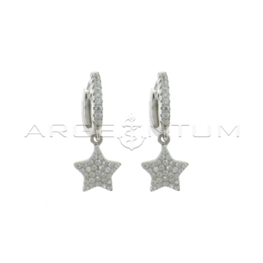 Hoop earrings with white cubic zirconia, snap clasp and star pendant in white cubic zirconia pave white gold plated in 925 silve