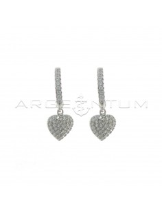 Hoop earrings with white cubic zirconia, snap clasp and heart pendant in white gold plated cubic zirconia in 925 silver