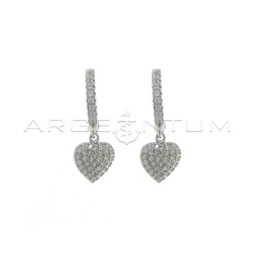 Hoop earrings with white cubic zirconia, snap clasp and heart pendant in white gold plated cubic zirconia in 925 silver