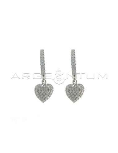Hoop earrings with white cubic zirconia, snap clasp and heart pendant in white gold plated cubic zirconia in 925 silver