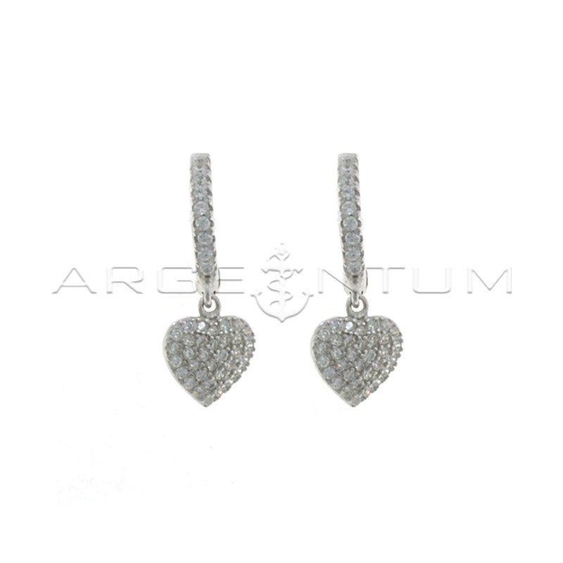Hoop earrings with white cubic zirconia, snap clasp and heart pendant in white gold plated cubic zirconia in 925 silver