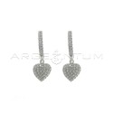 Hoop earrings with white cubic zirconia, snap clasp and heart pendant in white gold plated cubic zirconia in 925 silver