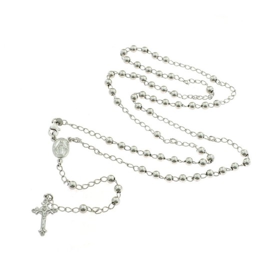 Collana rosario a Y placcata oro bianco con sfera liscia da 4 mm in argento 925 (60 cm)