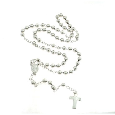 White gold plated Y rosary necklace with 5 mm smooth sphere in 925 silver (60 cm)