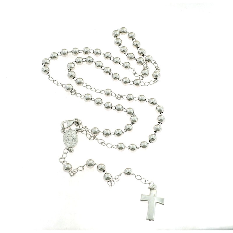 White gold plated Y rosary necklace with 5 mm smooth sphere in 925 silver (60 cm)