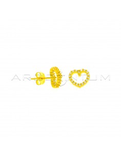 Yellow gold plated white zircon heart shape lobe earrings in 925 silver