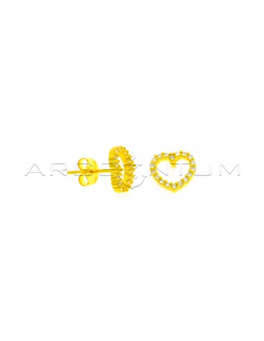 Yellow gold plated white zircon heart shape lobe earrings in 925 silver