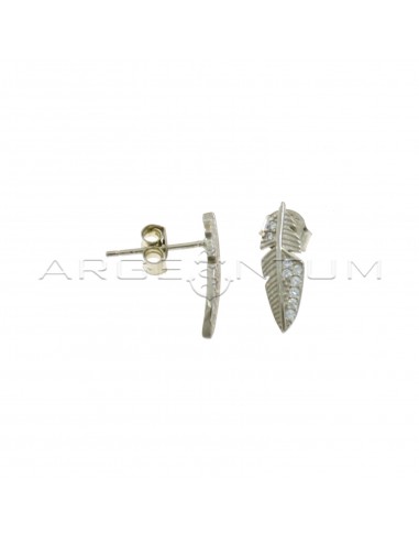 Engraved feather lobe earrings and white half-zirconia white gold plated in 925 silver