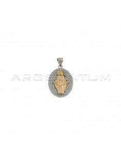 Miraculous medal pendant with rose gold plated madonna on white gold plated white zircon pave base in 925 silver