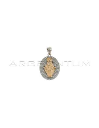 Ciondolo medaglia miracolosa con madonna placcata oro rosa su base a pavè di zirconi bianchi placcato oro bianco in argento 925