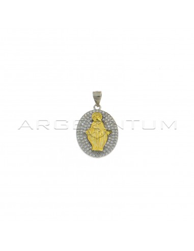 Miraculous medal pendant with yellow gold plated madonna on white gold plated white zircon pave base in 925 silver