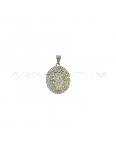 Miraculous medal pendant with madonna on white gold plated white zircon pave base in 925 silver