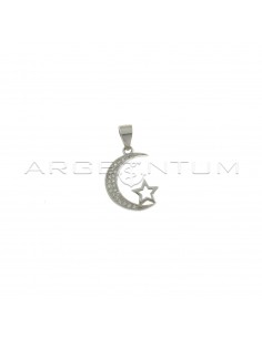 White zircon moon pendant with shiny star shape white gold plated in 925 silver