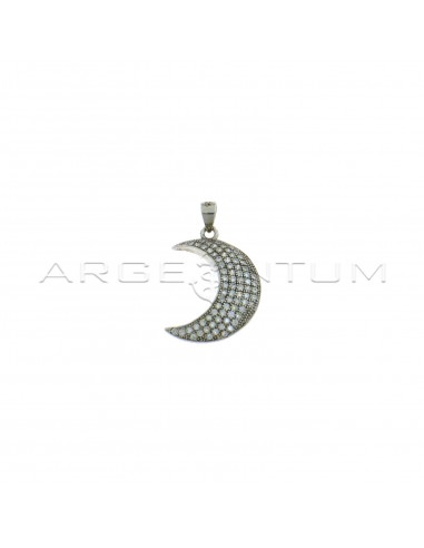 Moon pendant with white zircons pave white gold plated in 925 silver