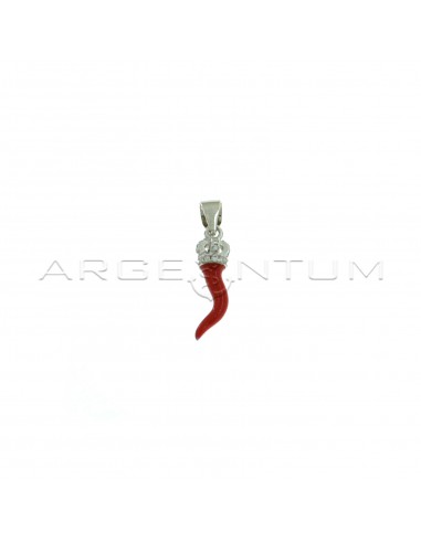 Red enameled horn pendant with white zircon pierced crown in white gold plated 925 silver