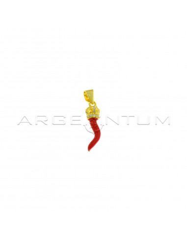 Red enameled horn pendant with white zircon pierced crown in yellow gold plated 925 silver