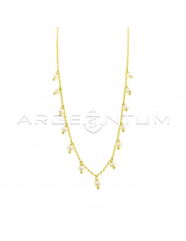 Diamond-coated rolo link necklace with yellow gold plated freshwater cultured pearls in 925 silver