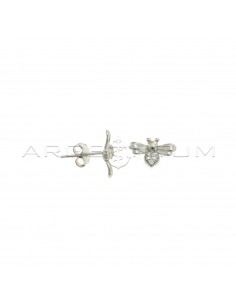 White gold plated bee lobe earrings with white half-zircon body in 925 silver