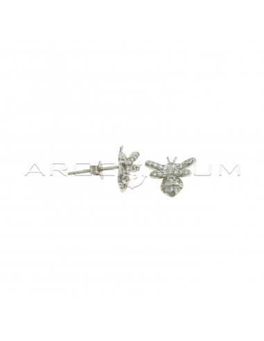 White gold-plated half-zirconia bee lobe earrings in 925 silver