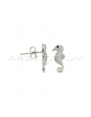 White semi-zircon seahorse lobe earrings with white gold plated black zircon eye in 925 silver