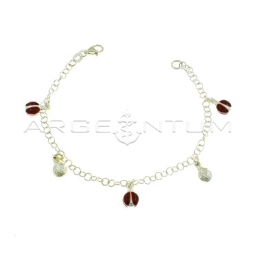 Bracciale maglia giotto con 5 coccinelle pendenti accoppiate smaltate alternate a incise in argento 925