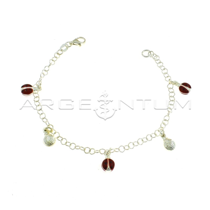 Bracciale maglia giotto con 5 coccinelle pendenti accoppiate smaltate alternate a incise in argento 925