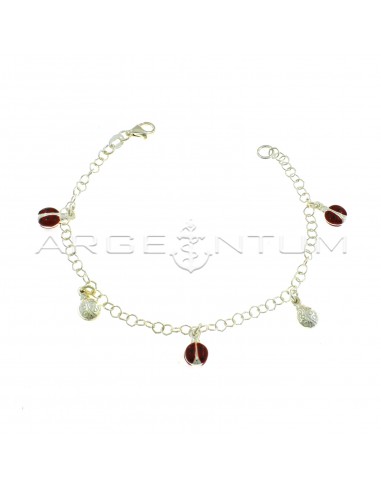 Giotto mesh bracelet with 5 pendant ladybugs paired enameled alternating with engraved 925 silver