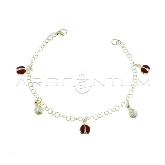 Giotto mesh bracelet with 5 pendant ladybugs paired enameled alternating with engraved 925 silver