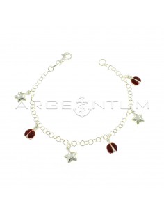 Giotto mesh bracelet with paired pendants enameled ladybugs alternating with smooth stars in 925 silver