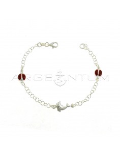 Giotto mesh bracelet with coupled side enameled ladybugs and coupled central dolphin in 925 silver