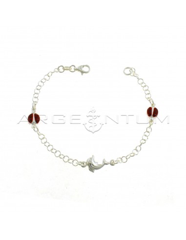 Giotto mesh bracelet with coupled side enameled ladybugs and coupled central dolphin in 925 silver