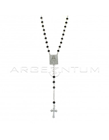 Y-shaped rolo chain rosary necklace with black swarovski and central rectangular medal with engraved Christ white gold plated in 925 silver
