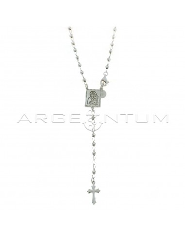 Y-shaped rosary necklace with smooth spheres and central rectangular medal with engraved Madonna white gold plated in 925 silver