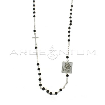 Round rosary necklace with black swarovski and central rectangular medal with engraved Christ in white gold plated 925 silver